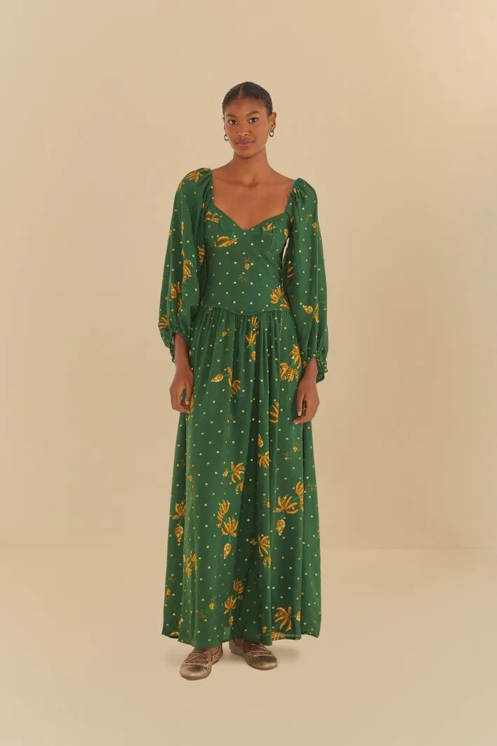 Vestido Longo Manga Estampado Brilho De Banana