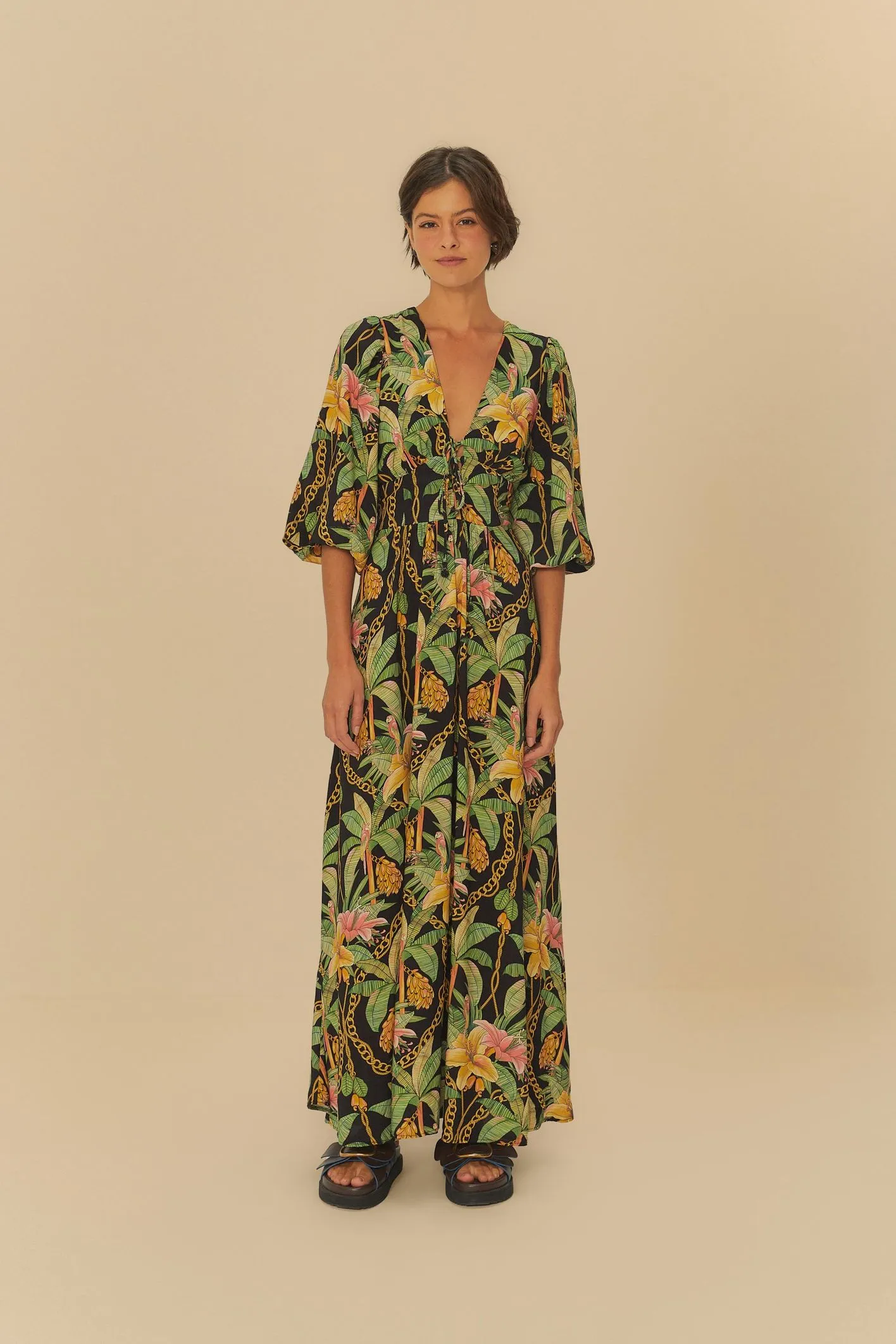 Vestido Longo Manga Estampado Paraíso Tropical