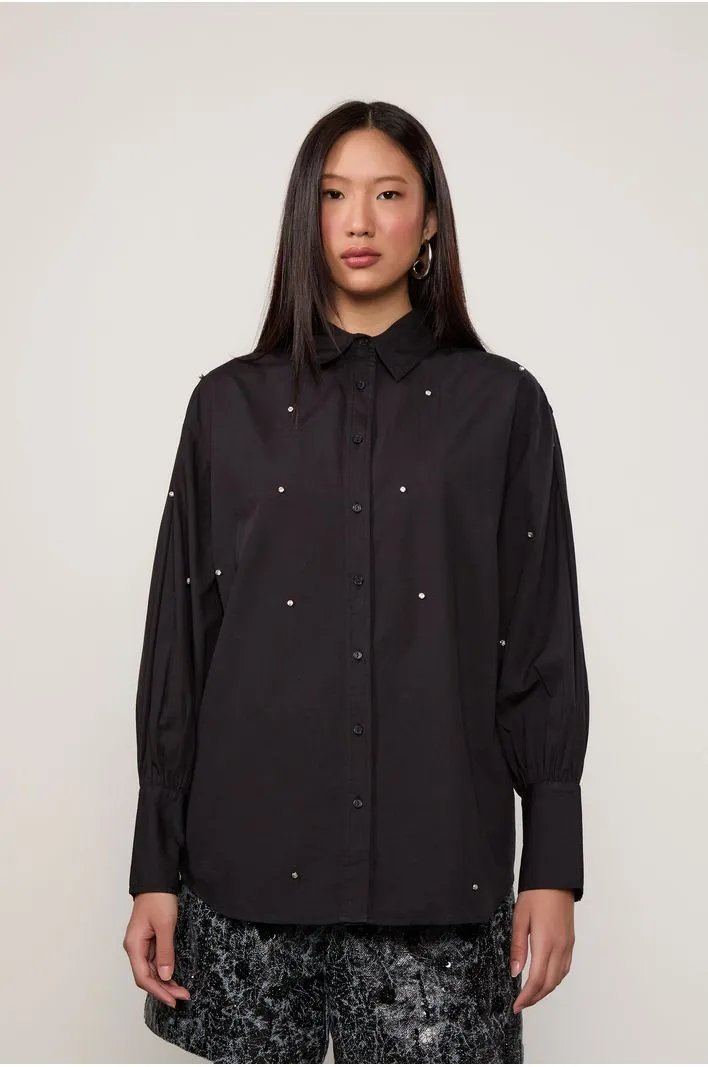 Camisa De Tricoline Com Bordados De Pedraria