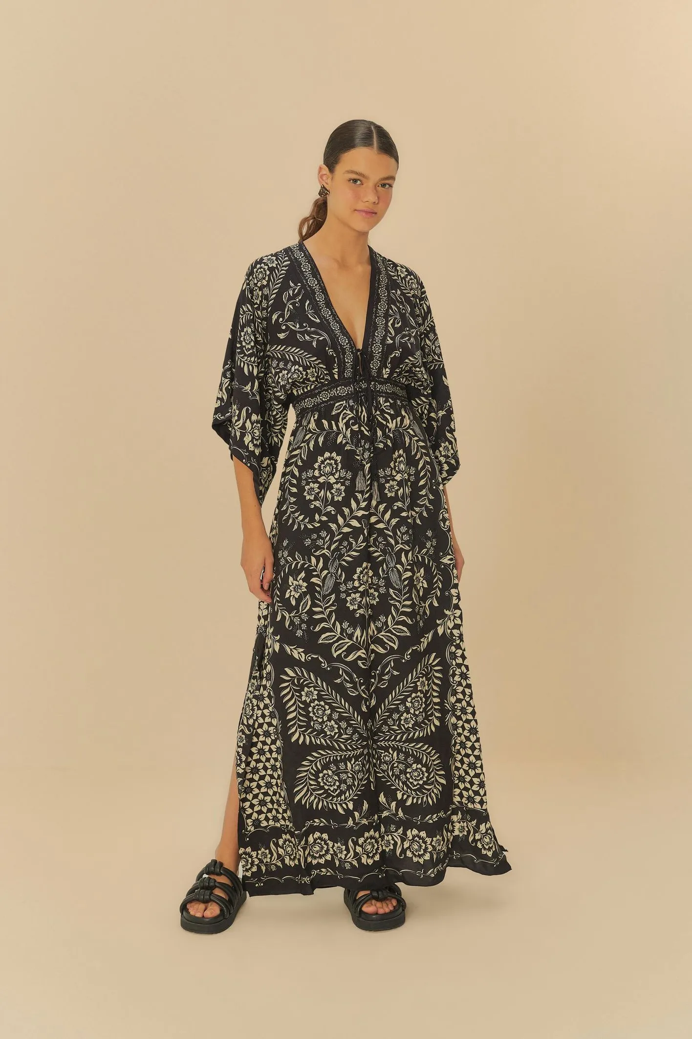 Vestido Longo Manga Estampado Borbolina