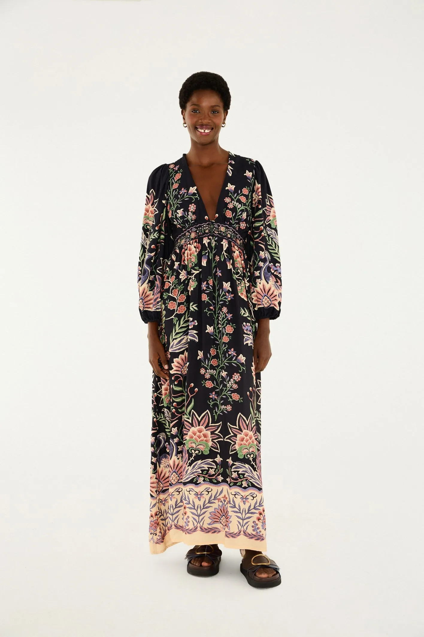 Vestido Longo Manga Estampado Jardim Maravilhoso