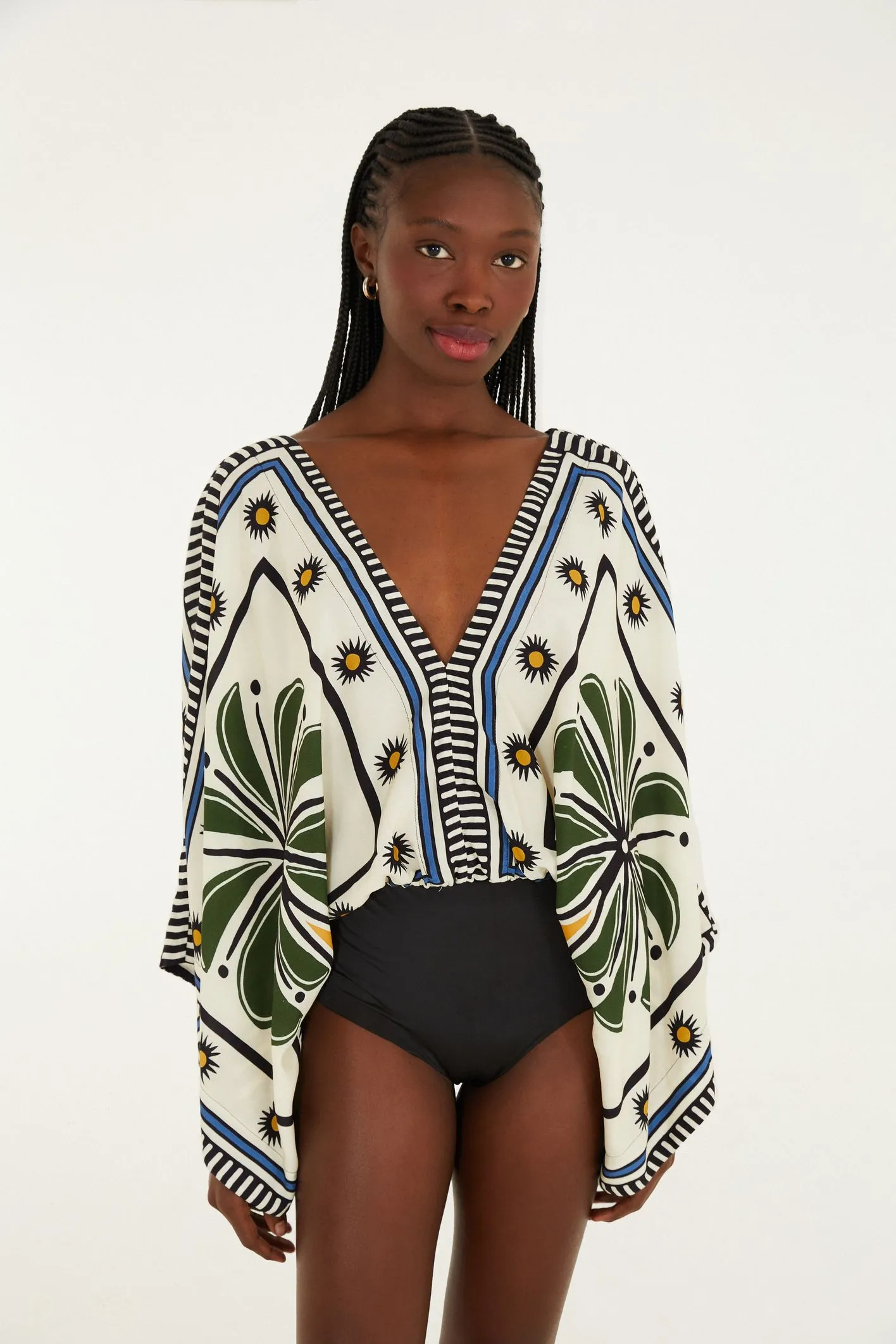 Body Manga Estampado Jardim Tropical