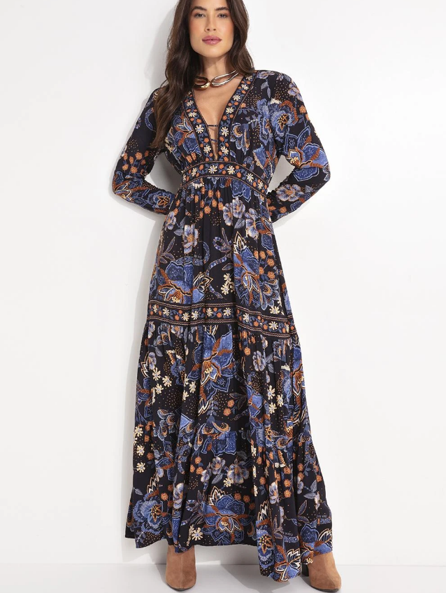 Vestido Longo Manga Noite Florida Azul
