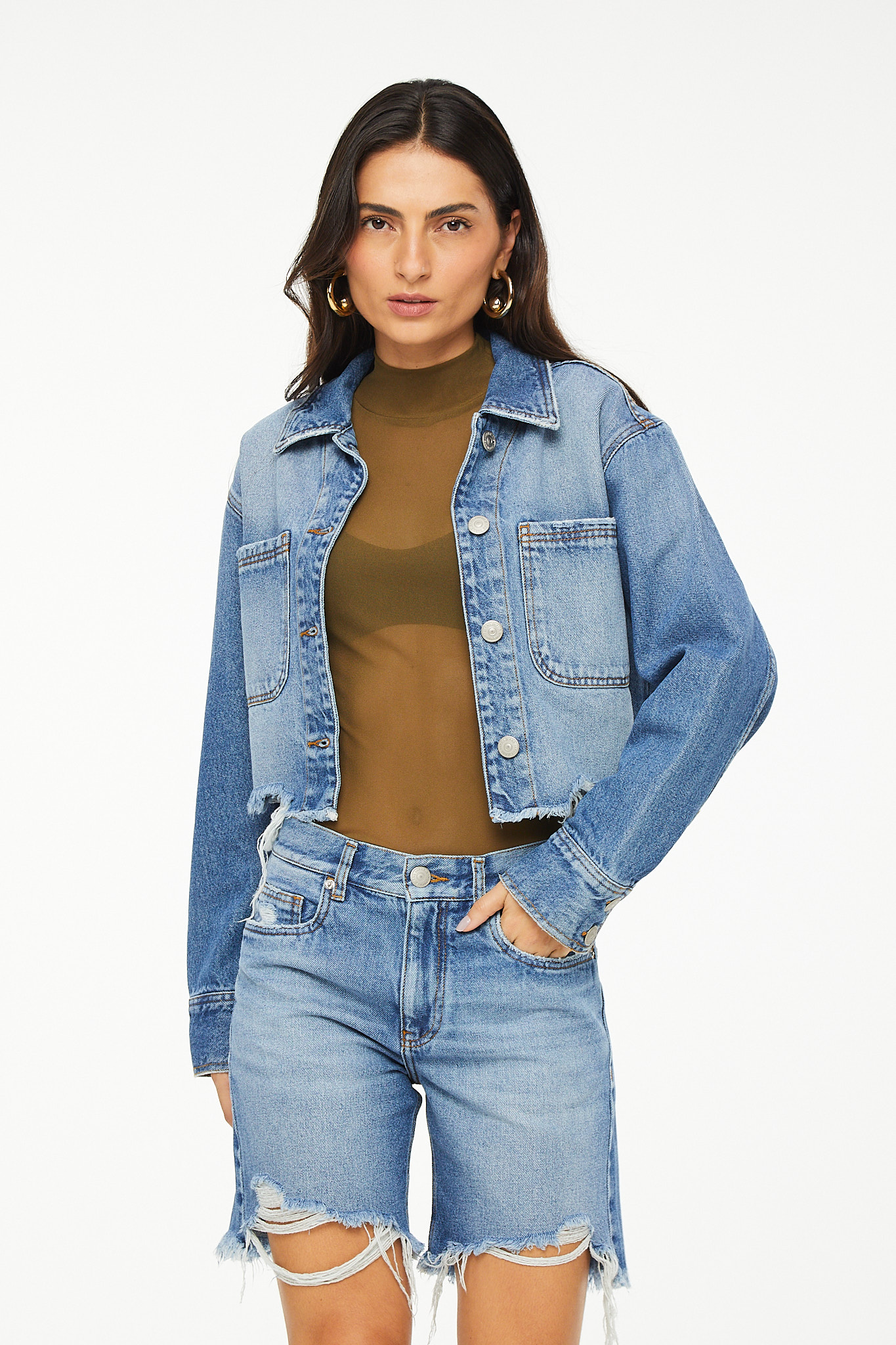 Jaqueta Jeans Cropped Barra Destroyed