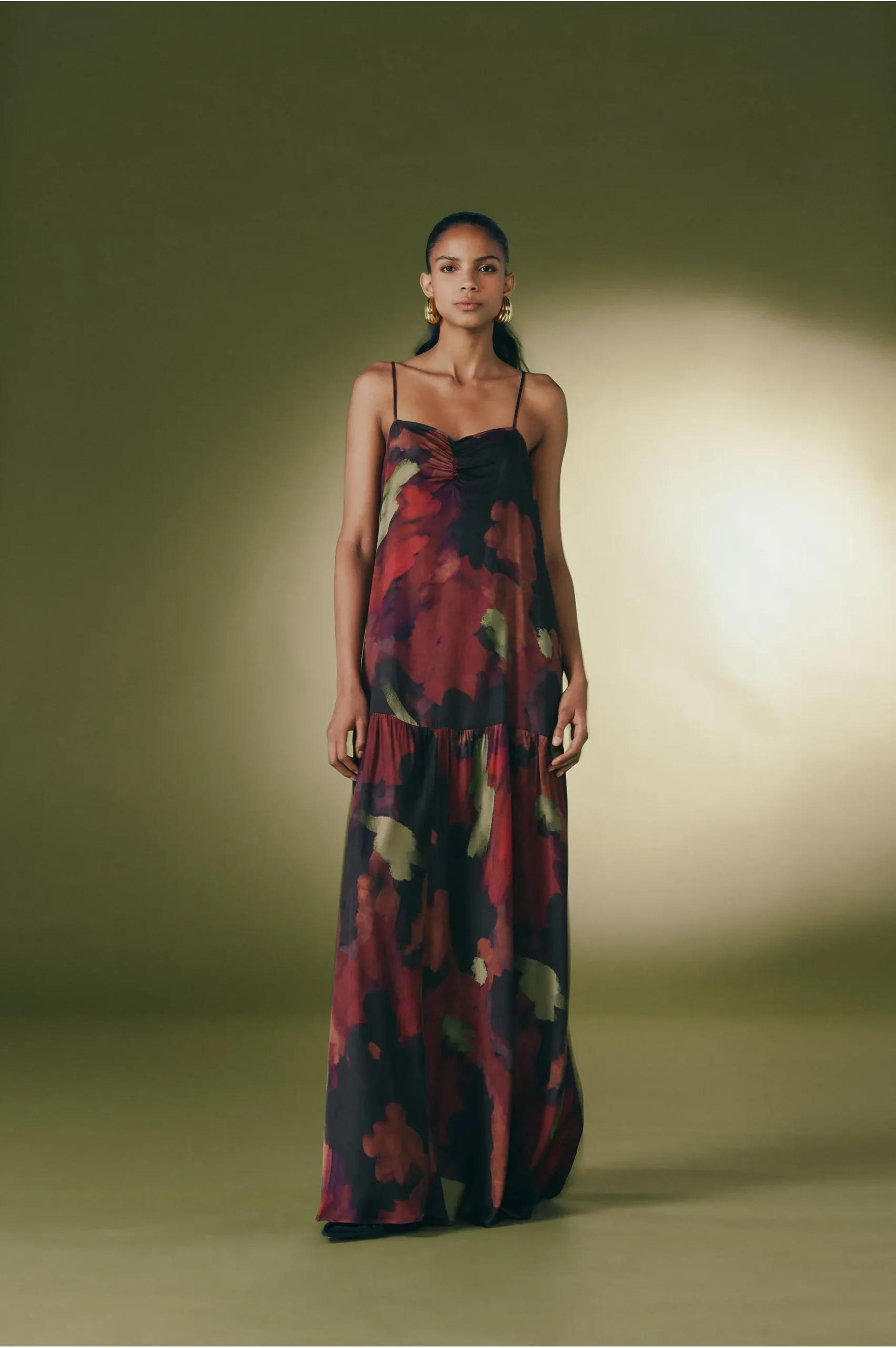 Vestido Longo Estampado Textura Brush Cereja