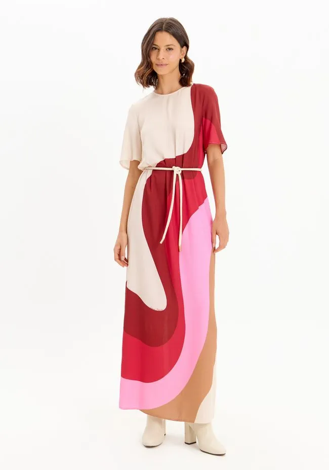 Vestido Super Midi Manga Curta Com Cinto