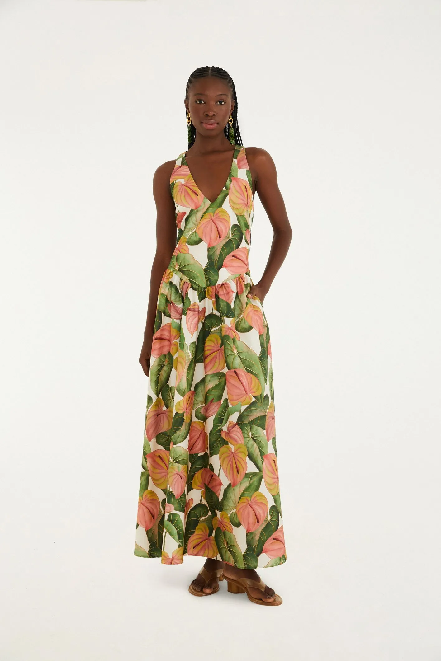 Vestido Longo Estampado Antúrio Corrido