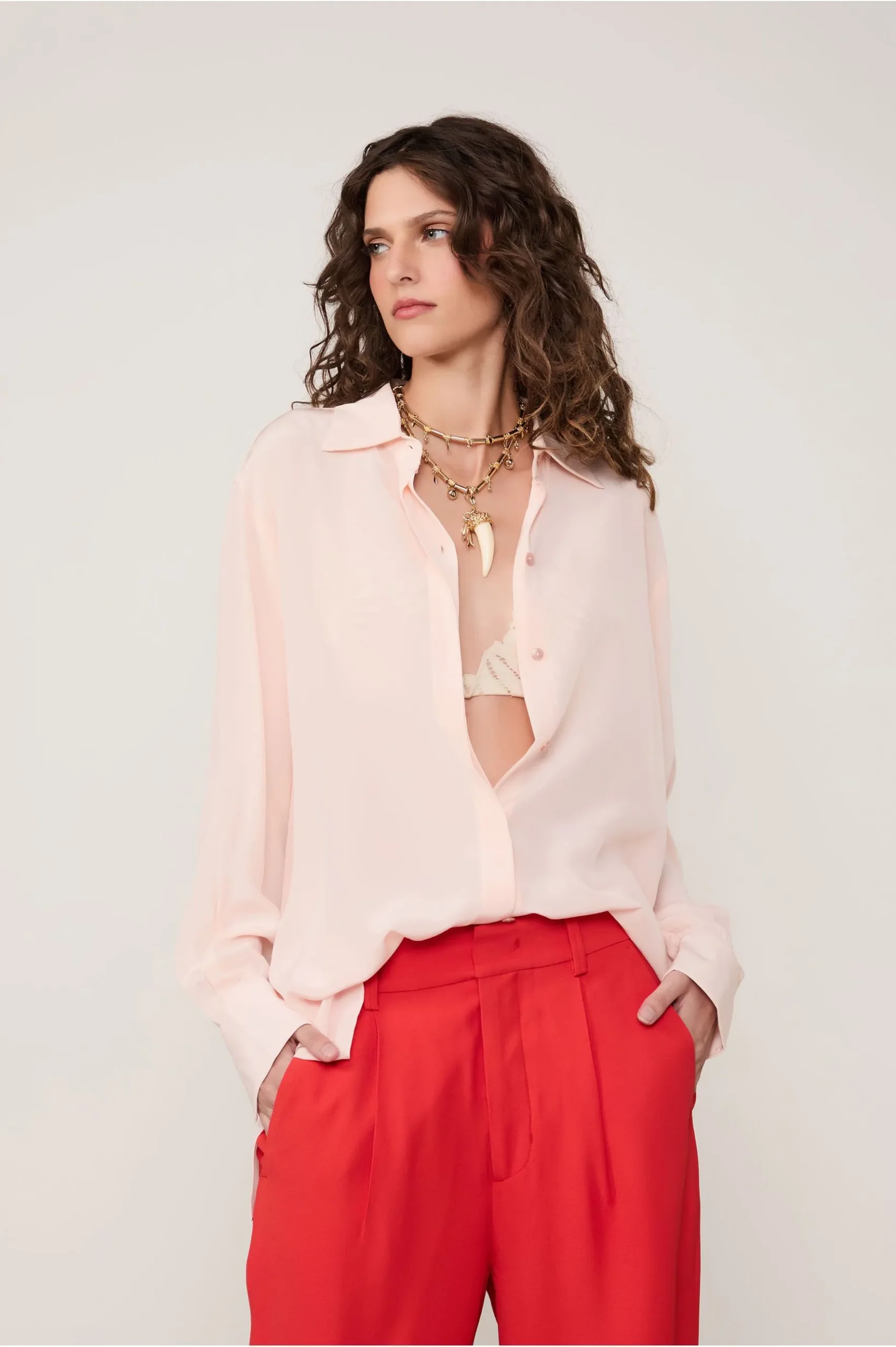 Camisa De Seda Ampla Rosa