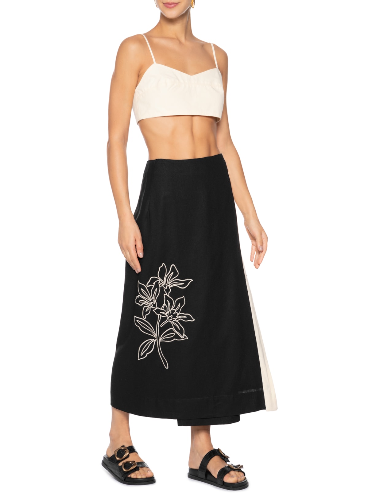 Saia Midi Linho Bordado Floral Preto Dress To